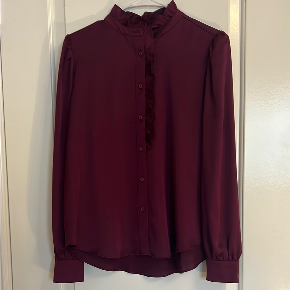 Ann Taylor Red Ruffled Blouse with Mandarin Collar